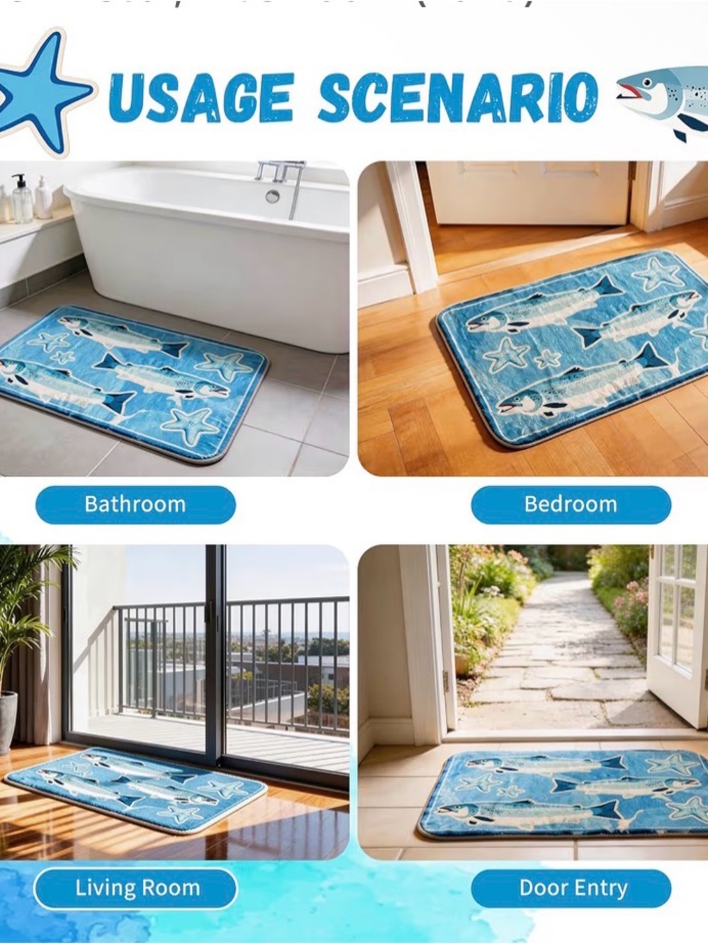 Blue Fish Pattern Mat - Plush Tuna Themed Rug - Picture 3 of 4